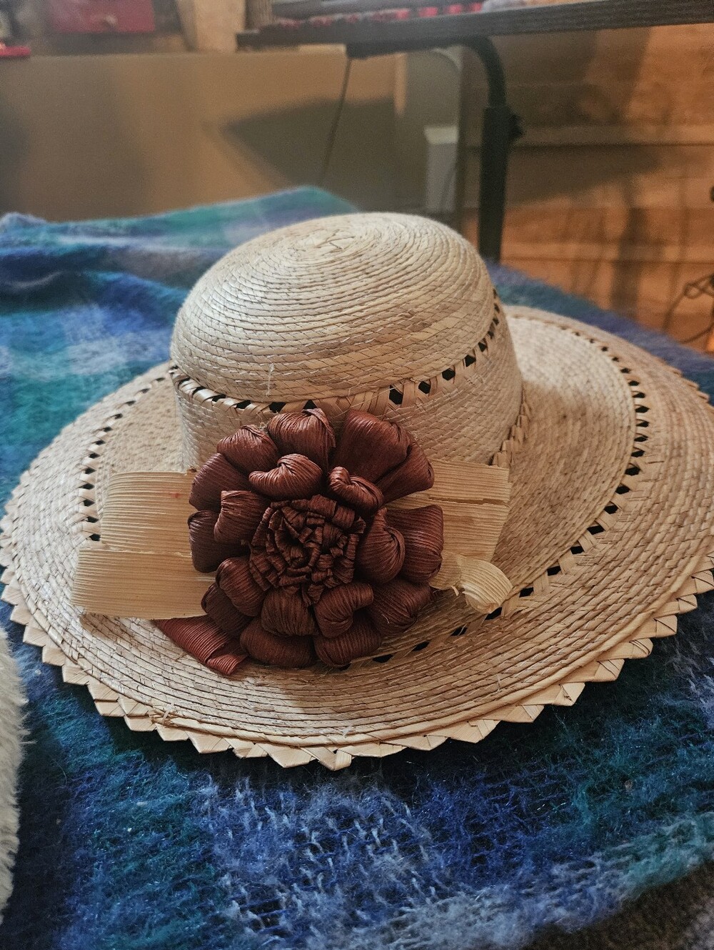 Wide Brim Straw Hat. OS. Rust Colored Straw flower accent. Unique.